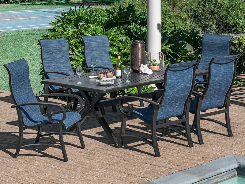 Solstis Aluminium Gangsa Berumur dengan Sling 7 Piece Dining Set (84x42 in. Meja makan)